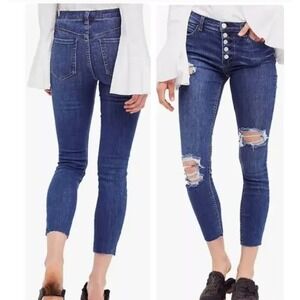 Free People Jeans Women Size 24 Blue Reagan Distressed Skinny Button Fly Raw Hem